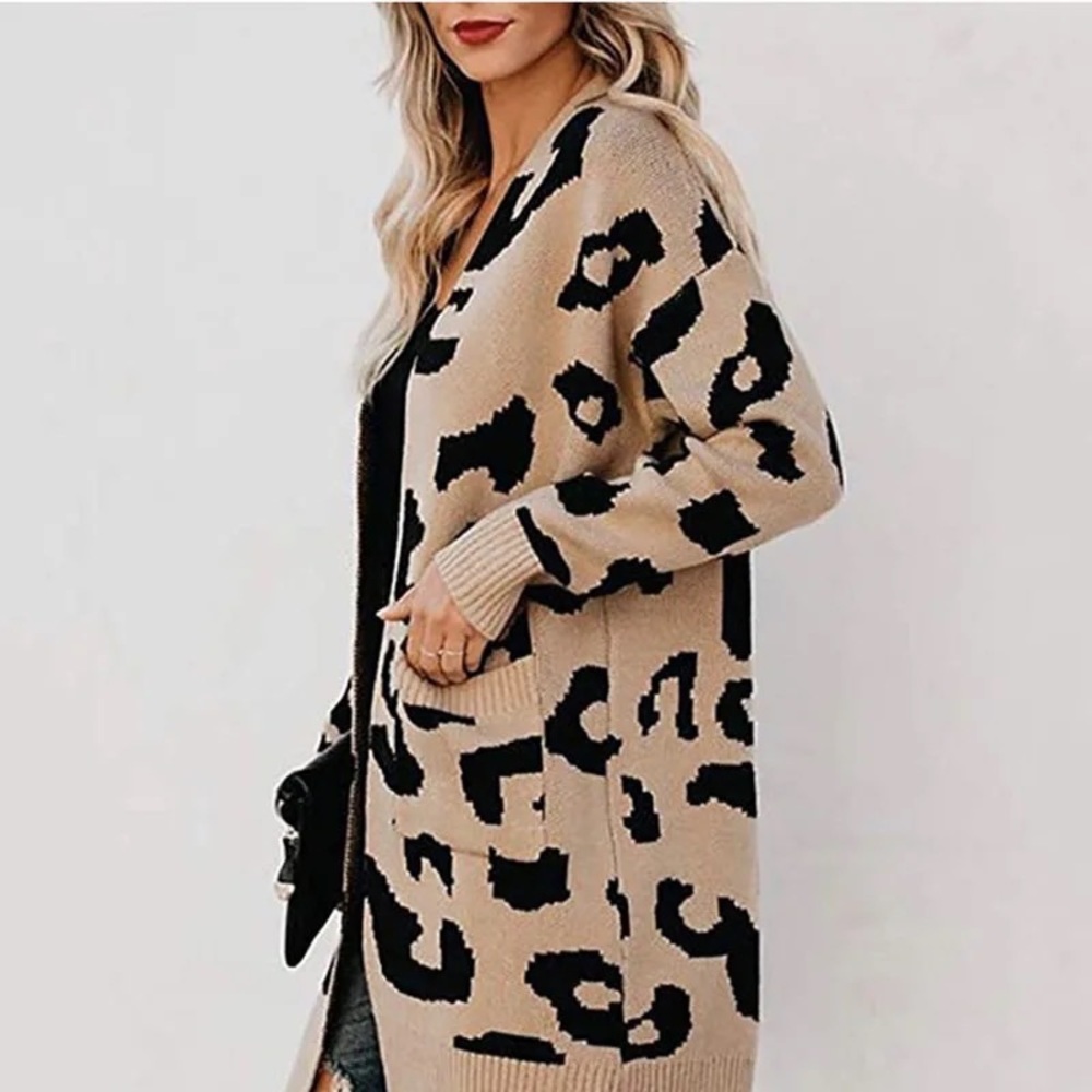 Animal print Leopard women knit cardigan sweater cover up